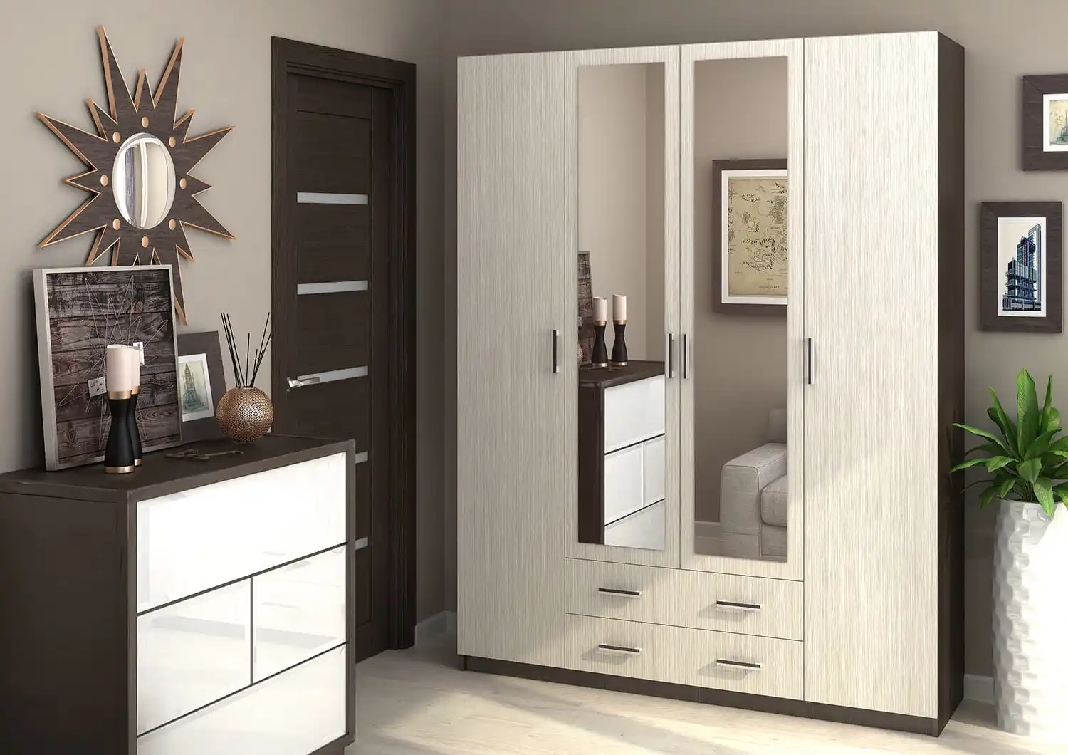 Cabinet swing stand furniture &quotQuadro&quot (Ash Shimo light chipboard/mirror Ash dark) |