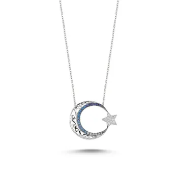 

Angemiel 925 Silver Openwork Pattern and Nano Cubic Zirconia Moon Star Necklace-Rhodium Plated