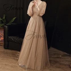 Glittery V-Neck A-Line Wedding Dresses Three Quarter Sleeve Tulle Backless Simple Bridal Gown vestidos de novia robe de mariée