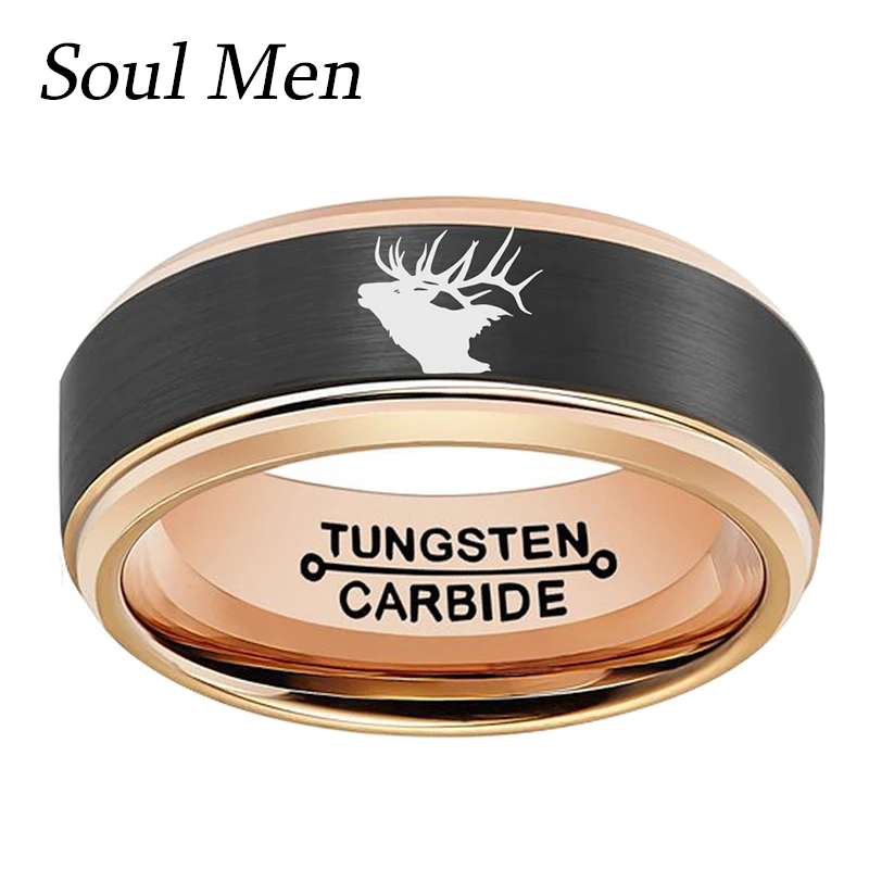 8Mm Nuovo Bicolore Nero E Oro Rosa Colore Maschio Femmina Regalo Di Natale Anniversario Anello In Tungsteno Con Corna Di Cervo Laserizzato