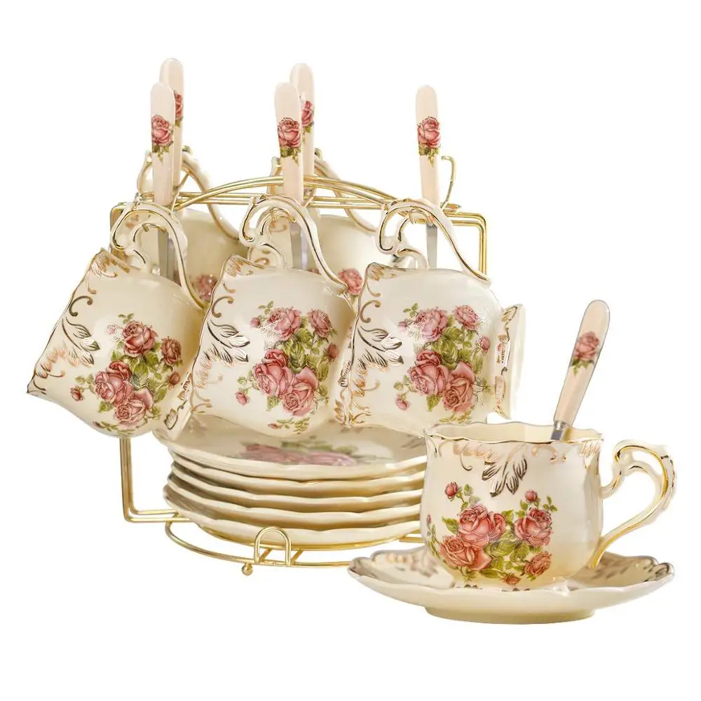 

Red Rose Pattern Ivory Ceramic Cups and Saucers Set,Fancy Coffee Cups Set of 6 with Golden Metal Rack