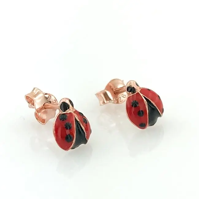 Tiny Studded Ladybug Rosegold Silver Earrings