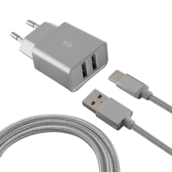 Настенное зарядное устройство+ USB C Micro кабель металлик