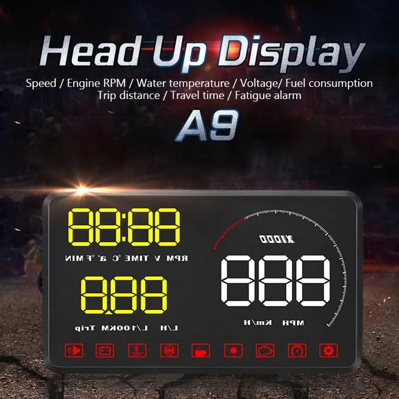 5," A9 HUD Автомобильный дисплей лобовое стекло скорость проектор охранная сигнализация температура воды выше скорости об/мин Напряжение время вождения