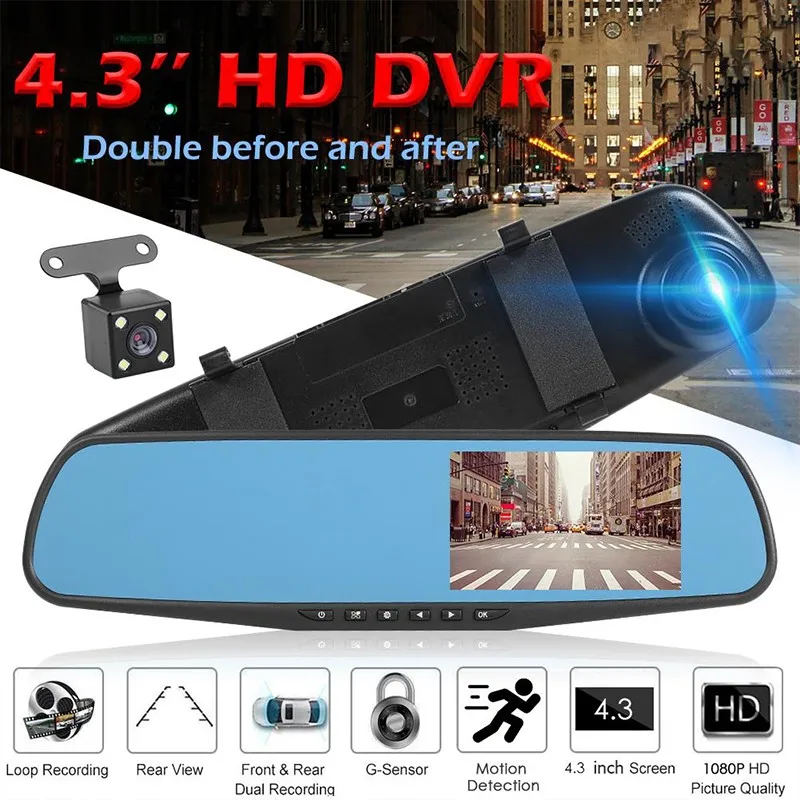 HD 1080P Car DVR Camera 4.3 Inch IPS Mirror Recorder DVR 3 in 1  Dual Lens Dash Cam Night Vision 170° Wide Angle Video Recorder backup camera mirror