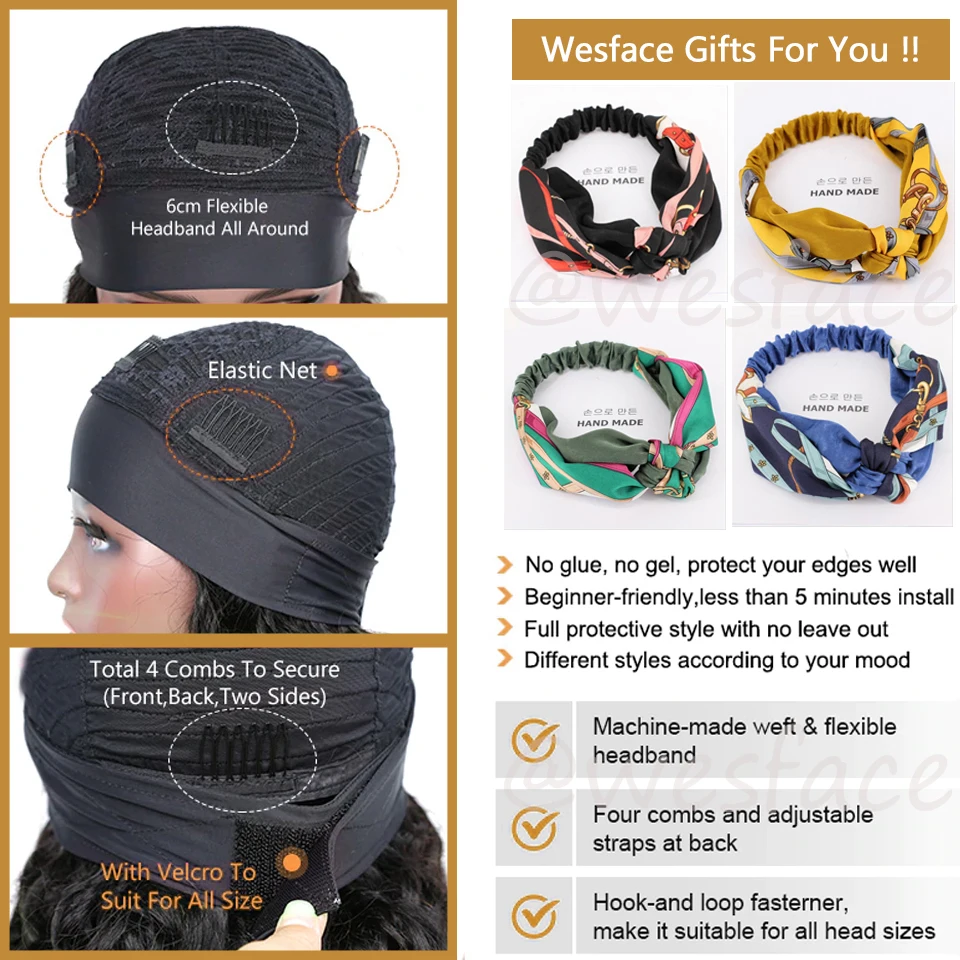 Wesface лента для волос парики 100% человеческие волосы gluless не кружево с эффектом