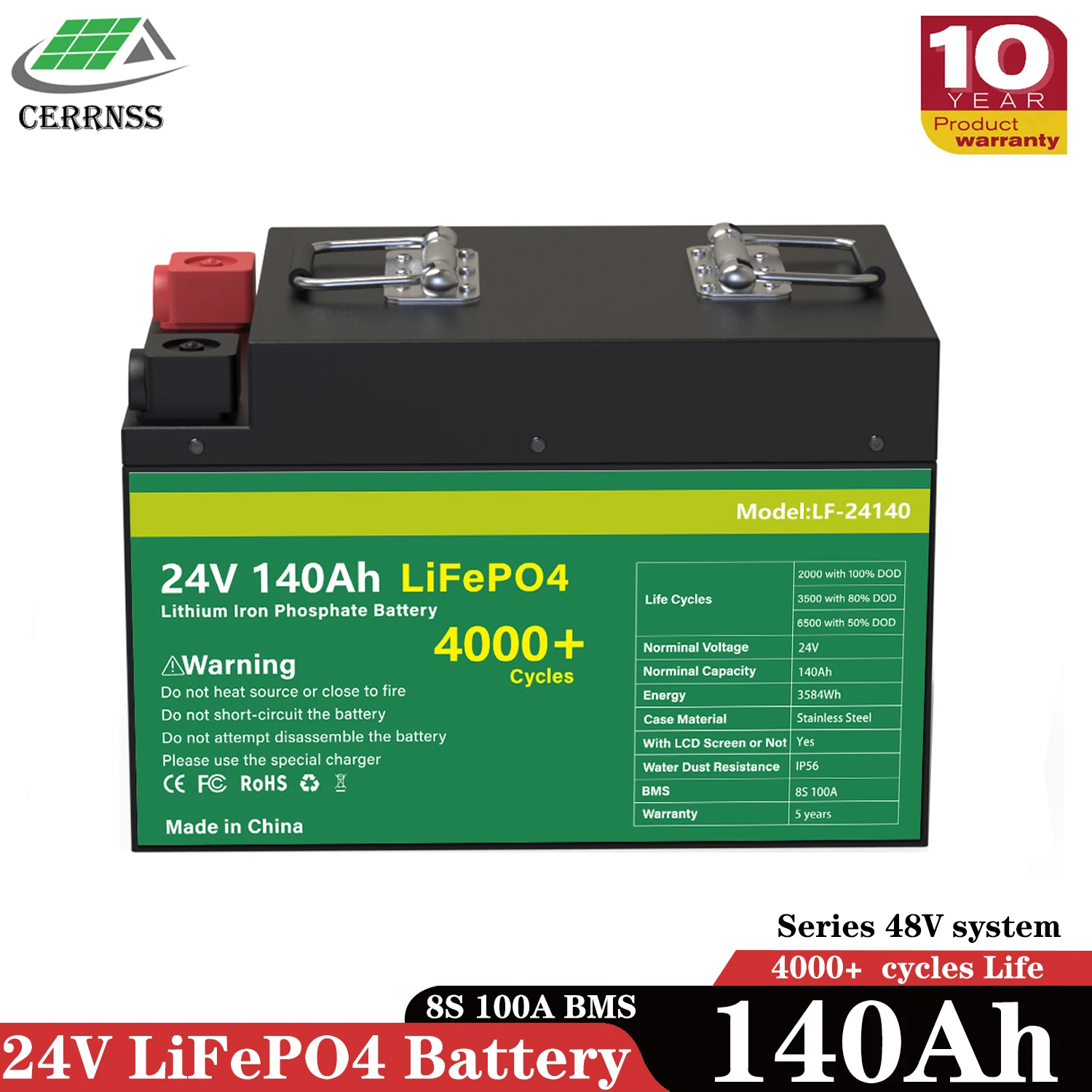 24v 100Ah 140Ah LiFePo4 Battery Pack Grade A New Cells Built-in BMS 48V Lithium Iron Phosphate IPX5 Solar Power RV House No Tax |