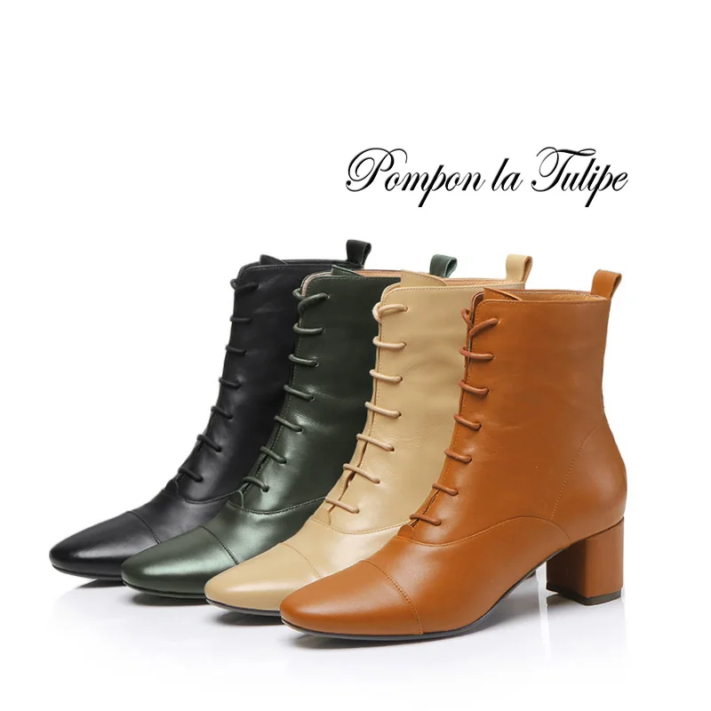 

BHS 9011180 Chic Genuine Cow Leather Elegant 4CM Chunky Heel Stilettos Round Toe Lace Up Cross Tie Women Mid Calf Fashion Boots