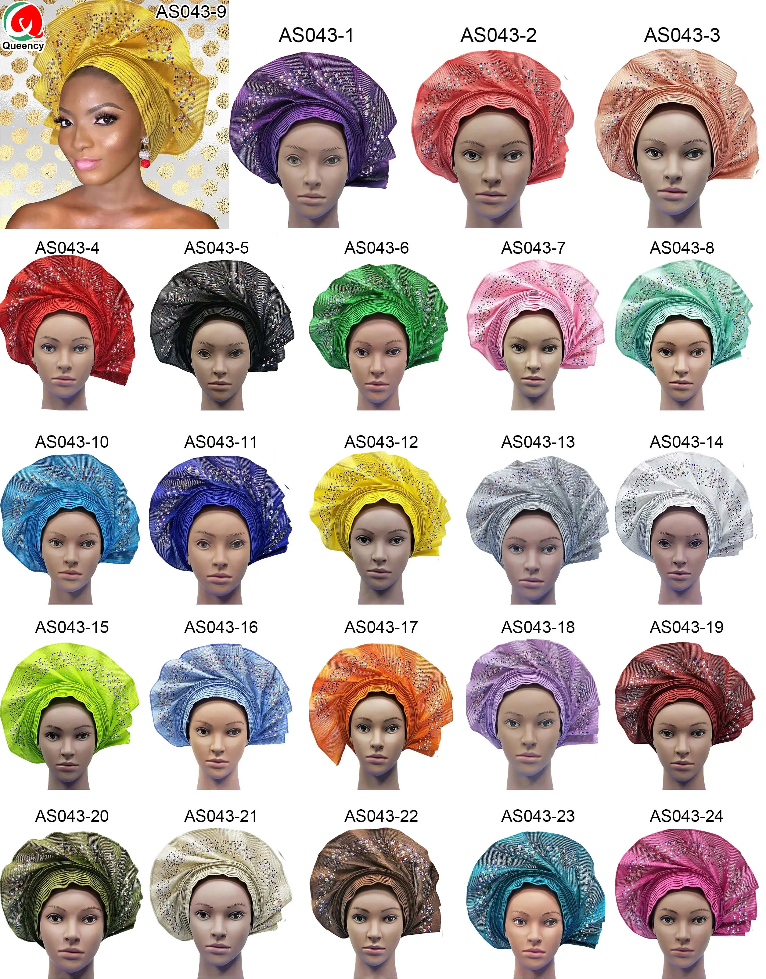 AS043 2019 новейший дизайн Африканский Aso Oke Auto Gele с разноцветными камнями и бусинами
