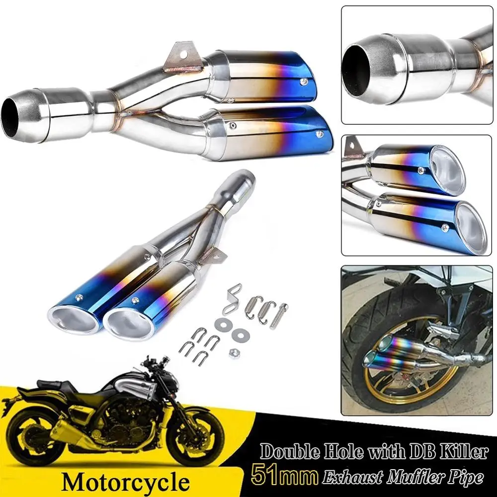 

51mm Double Hole Exhaust Muffler with DB Killer Dual Hole Exhaust Pipe Refit Inlet For Honda Suzuki Aprilia Kawasaki Yamaha BMW