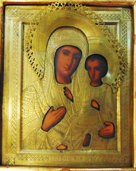 

Icon of the Mother of God Tikhvin. Materials: Icon-Wood, levcas, temper, textiles; salary-brass,