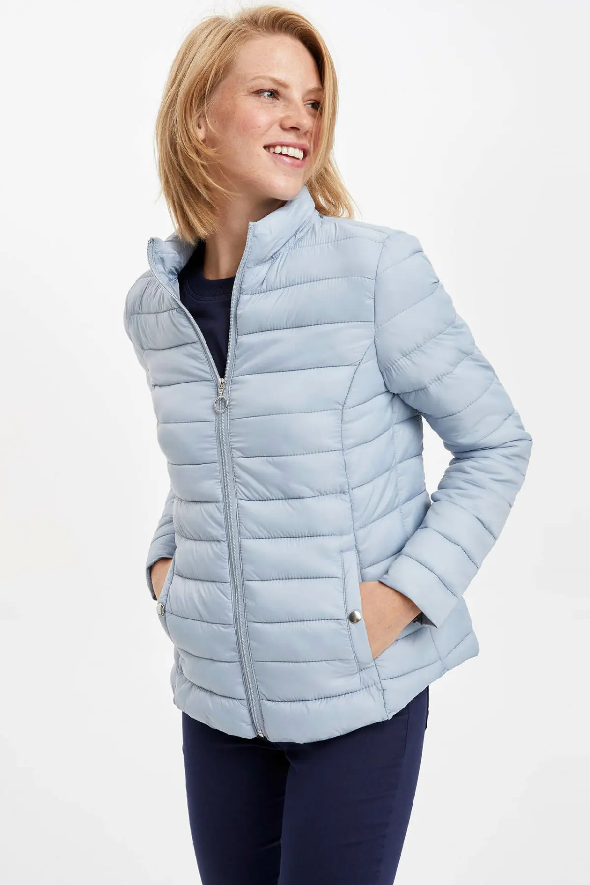 DeFacto, женская модная верхняя одежда с высоким воротом, пальто, женская теплая однотонная хлопковая куртка, тонкая верхняя одежда на молнии, зимняя-K7987AZ19AU - Цвет: Синий