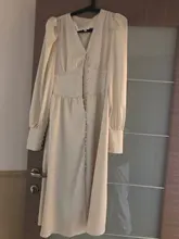 A-Line Dress V-Neck Spring Bishop-Sleeve Satin Simplee Chic Elegant Vintage High-Waist