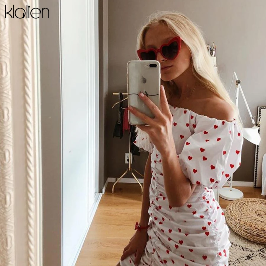 KLALIEN Sexy Off Shoulder Short Sleeve Heart Print Dress Tight Style Short Party Wrinkled Dress 2018 New Summer Sweet girl Dress