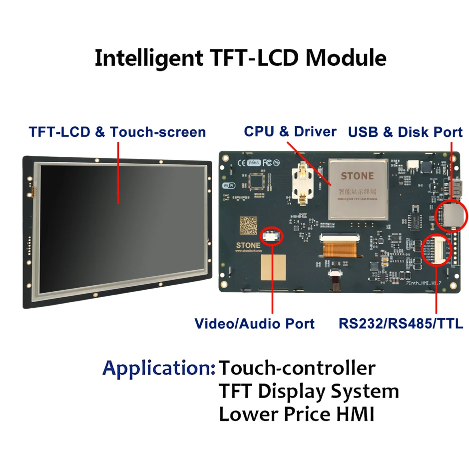 STONE Industrial 7'' 800*480 Built-in RTC / 256M Flash Capacity / Faster MCU Clock HMI Touch Display STWI070WT-01