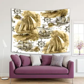 

Tapestry Sailboats Steering Wheels Ancient Caravels Treasures Hunting Vintage Style Art Blue White Yellow
