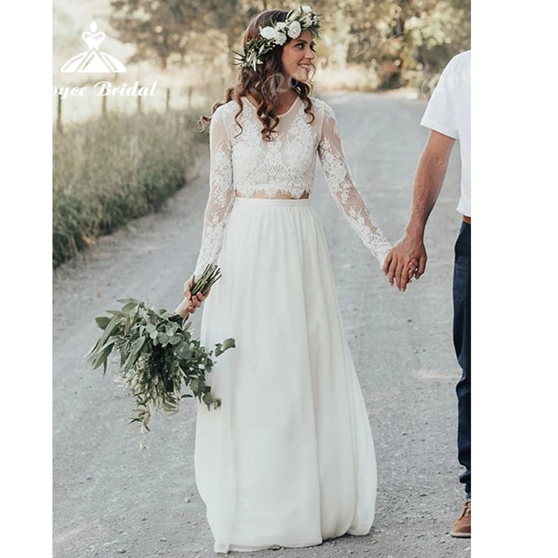 Boho Um Vestido De Noiva Linha, Vestido De Noiva De Chiffon, Manga Completa, Botão De Varredura, O-Pescoço, Comprimento Do Pavimento, Apliques De