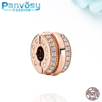 

2020 925 Sterling Silver Sparkling Zircon Beads Fit Women Charms Silver 925 Original Bracelet Clip Jewelry Making DIY Rose Gold