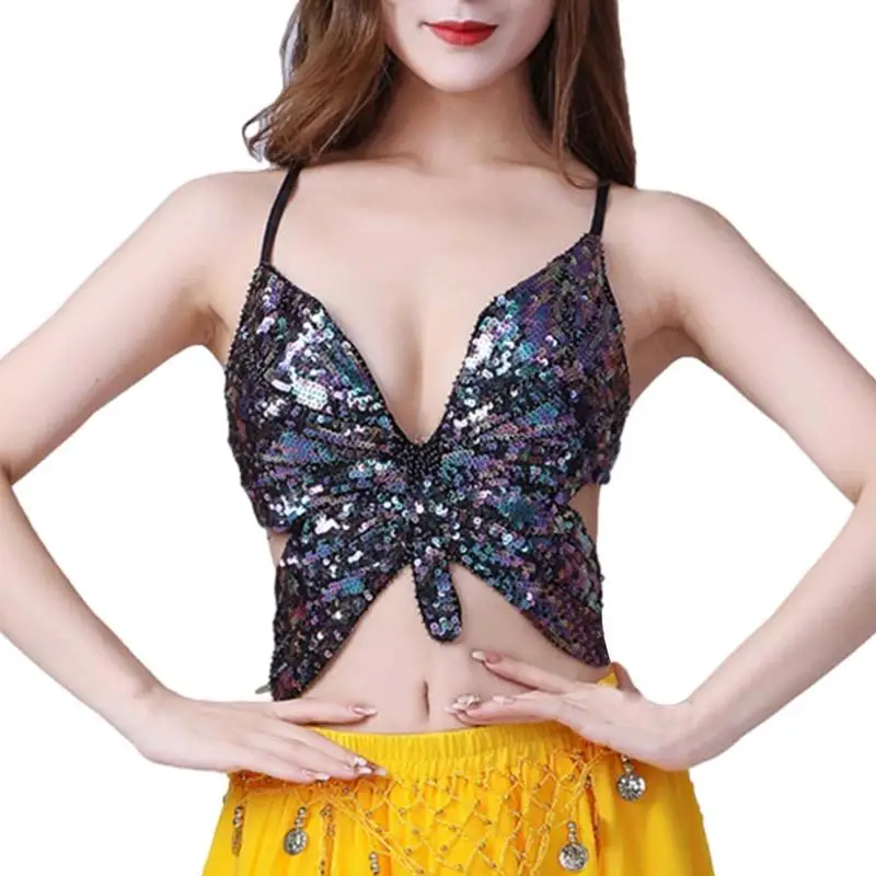 Butterfly Sequin Crop Top Women Summer Backless V Neck Sexy Club Costume Outfits Women Clothes Fashion Trendy Sexy Bra Tops white bra