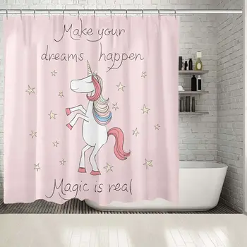 

Shower Curtain Make Your Dream Happen Magic Is Real "Stylish Unicorn Stars and Hand Written Text Fun Pink black White Art