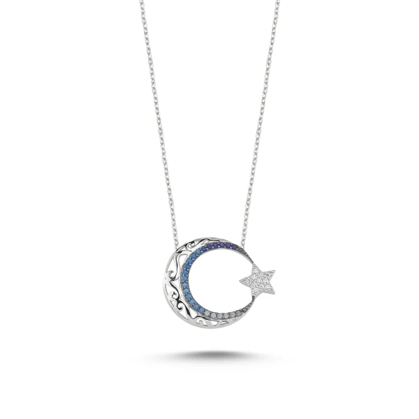 

Silver 925 Sterling Openwork Pattern and nano Cubic Zirconia Moon Star Necklace