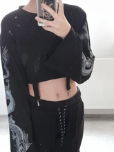 Sweatshirts Harajuku Crop Print Dark-Dragon Goth Vintage Fall Flare-Sleeve Pathchwork