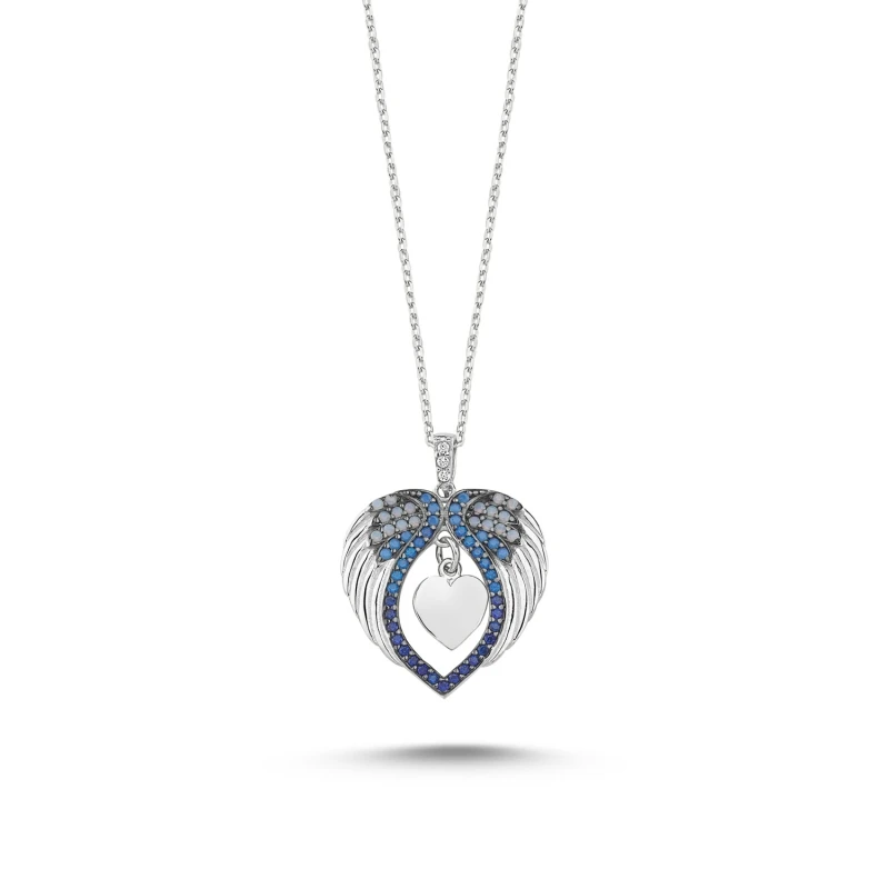 

Silver 925 Set Blue Scales Nano Gemstone Heart & Wing Pendant
