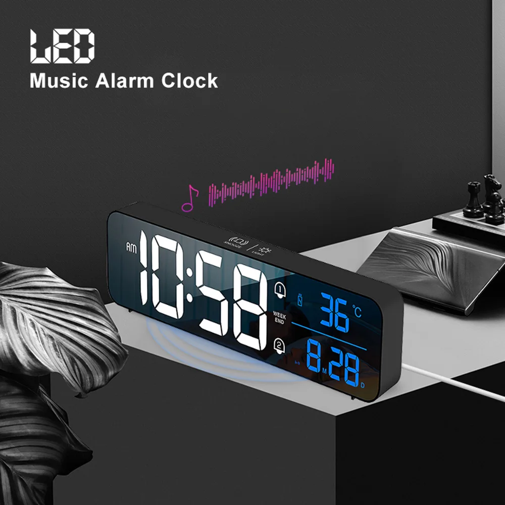 Musique LED réveil numérique température Date affichage miroir de bureau horloges maison Table décoration électronique horloge 2000 mAh