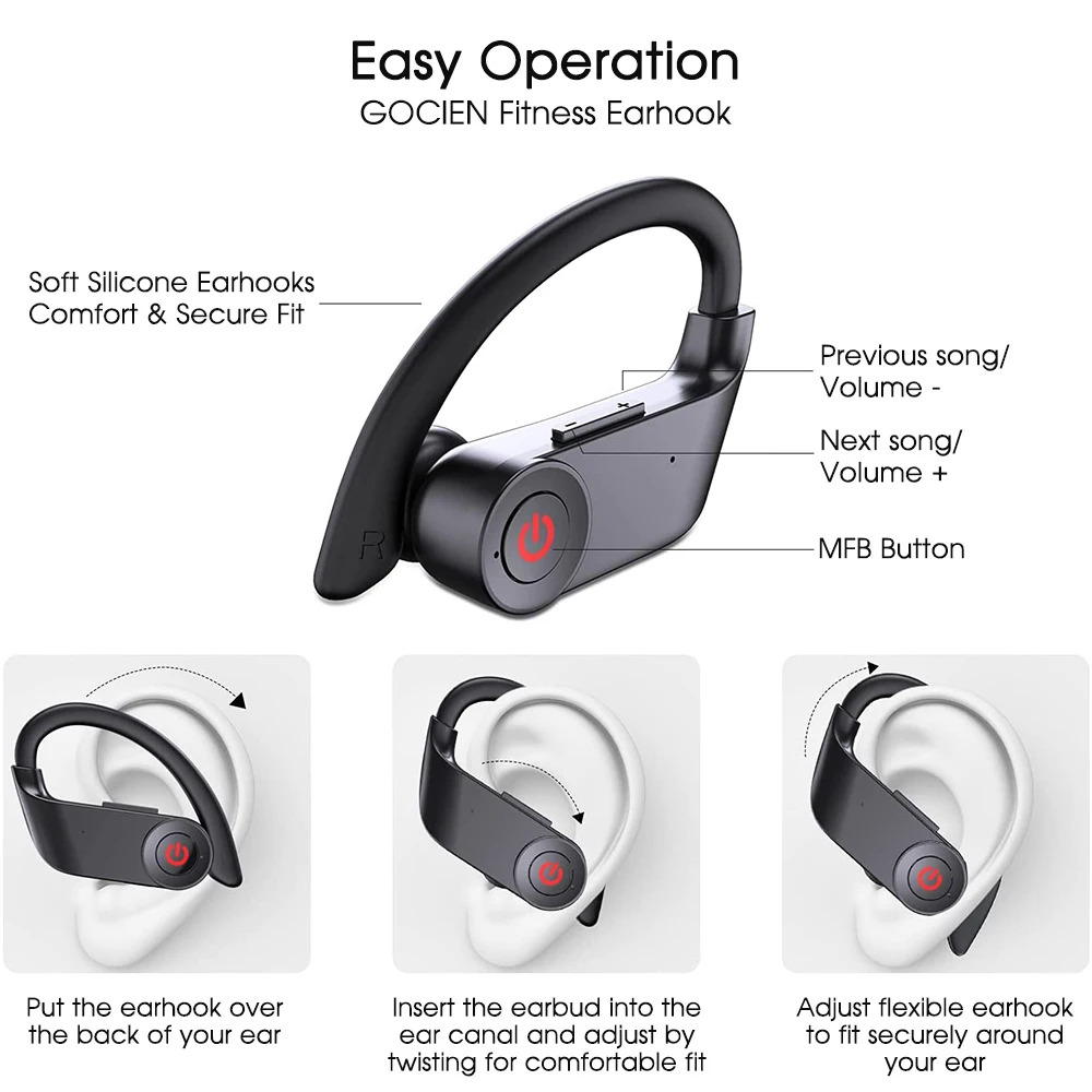 Boei Bluetooth 5.1 Earphones Sport Wireless HiFi 6D Stereo ANC Earbuds IPX7 Waterproof Earhooks Headset Suitable for Running/Gym