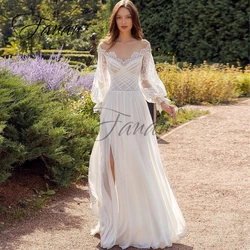 Scoop Neck Lace Appliques Chiffon Wedding Dresses Front High Split Backless See-Through Bridal Gown vestido de noiva платье