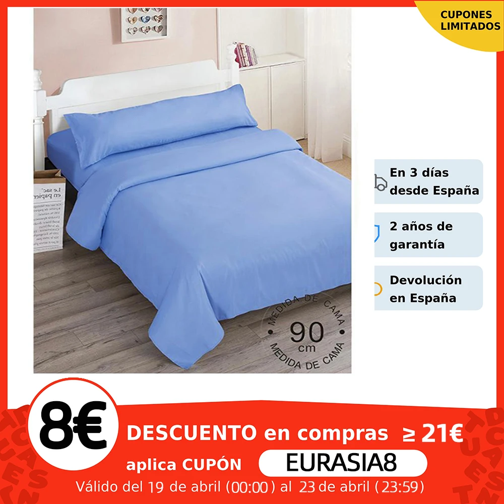 Juego de Sábanas Liso Microfibra 3 Piezas Cama  90, 105, 135, 150, 180cm  Bajera Sábana Encimera Funda de Almohada TiendaEurasia