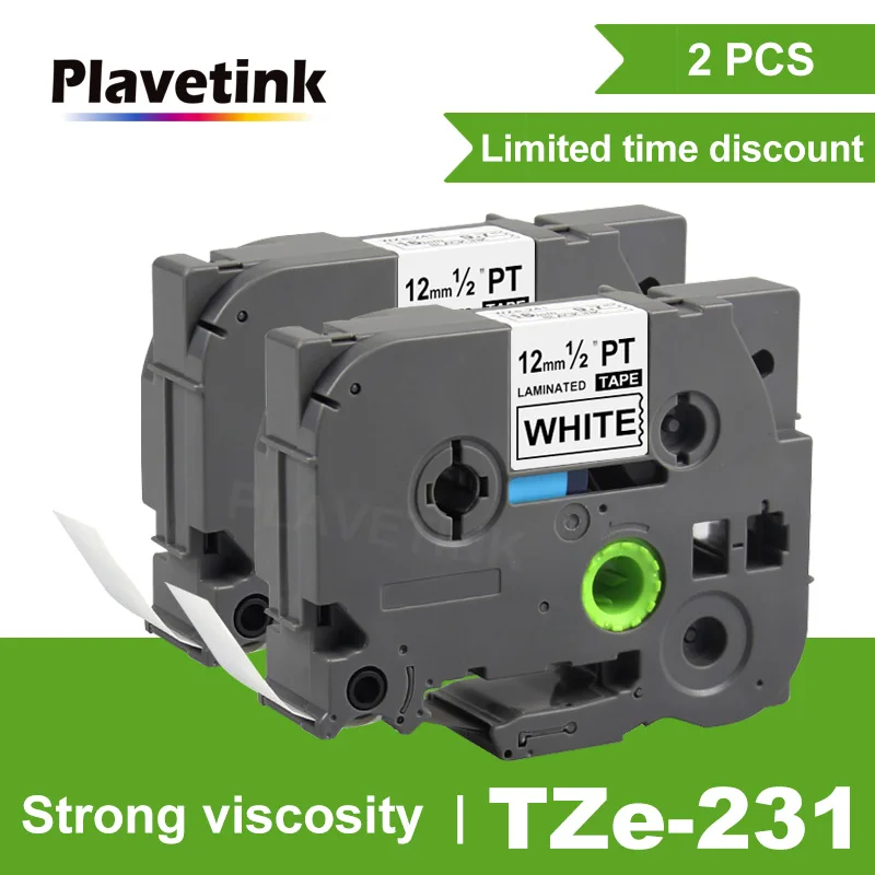 Plavetink 2 шт. tze231 лента 12 мм совместима с Brother P-touch TZe 231 черный на белом этикетке