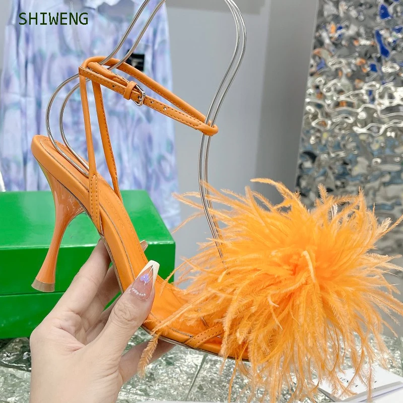 Women Leather High Heel Sandals Rhinestone Feather Thin High Heel party Shoes 