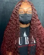 Pelucas frontales de encaje de cabello humano Borgoña, prearrancadas, rizadas, con encaje frontal, densidad completa del 200%, 99j pelo rizado, nudos blanqueados