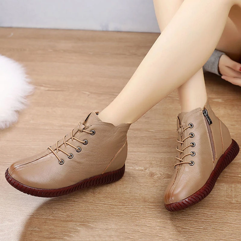 Botines planos con cordones para mujer, zapatos altos de cuero, botas cortas de felpa, botas de entretiempo para otoño, color el tobillo| - AliExpress