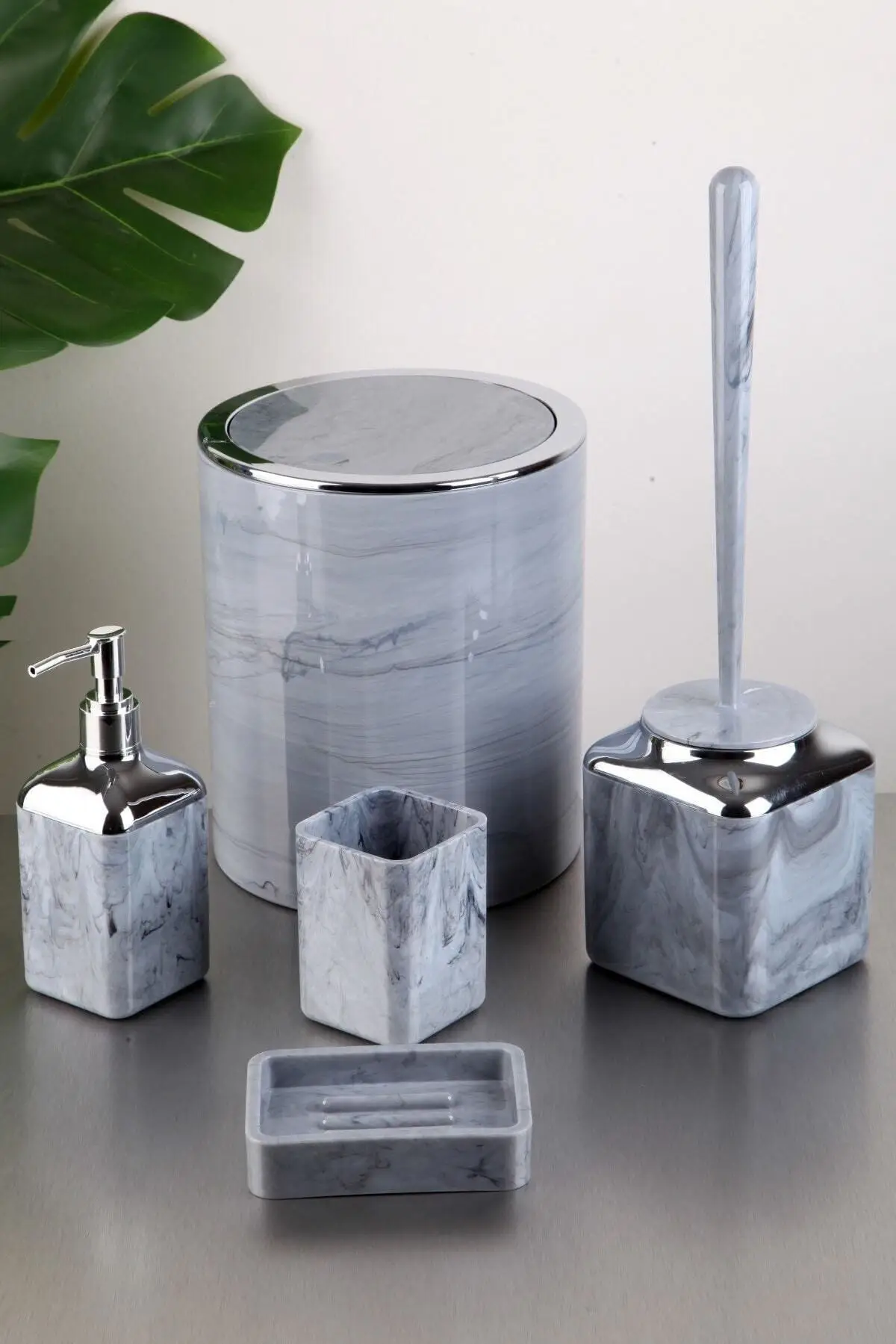 Bathroom Set Marble Pattern 5 Pieces Toothbrush Holder Liquid Soap Dispenser Hand Soap Dispenser Toilet Brush Trash can