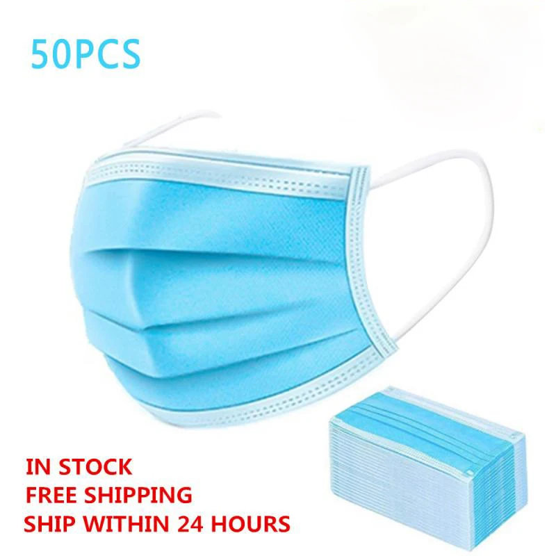 

Fast Delivery 50Pcs Masks Disposable Protective Mask 3 Layers Filter Dustproof Earloop Non Woven Mouth Mask 12-24 hours Shipping