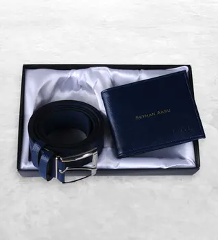 

Personalized Navy Blue Wallet Belt Set Coin Card Personal Items Storage Place Navy Blue Simple Chic Charismatic Wallet