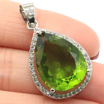 

32x19mm Big Drop Gemstone 20x15mm Green Peridot Purple Spinel Orange Spessartine Garnet CZ Woman's 925 Silver Pendant