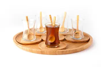 

19 piece Tea Set Tray for Serving Round Model Wooden Decoration Tea Glass Spoon
