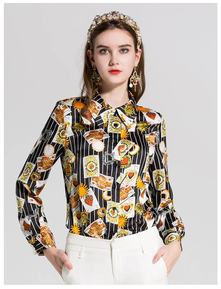 spring summer runway catwalk new style women blouse queen oil praiting vintage lady long sleeve 3XL plus size tops shirts