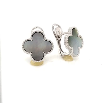 

Gold earrings 585 silver with stones: Mother of Pearl, woman's, fashion jewelry, van cleef, four-leaf clover.