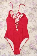 One-Piece Swimsuit Beachwear SEASELFIE V-Neck Solid Lace-Up Red Backless Women