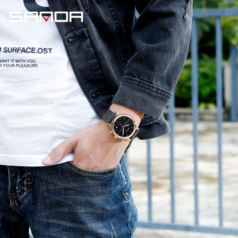 

SANDA Business Fashion Watch Three-eye Imitation Six-pin With Calendar Leisure Waterproof Scale Bar Nail Mesh Belt Men's Watches