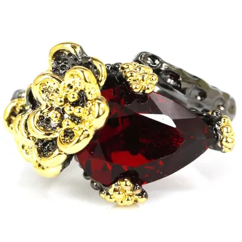 

23x14mm Bohemia Flower Vintage Created Amethyst Ruby Blue Topaz For Women Black Gold Silver Rings