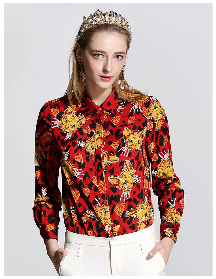 Red Cat spring summer runway catwalk new style women blouse queen oil praiting vintage lady long sleeve 3XL plus size tops shirts - Цвет: Red Cat