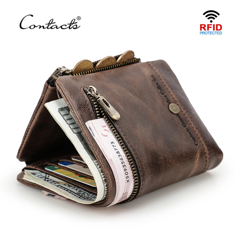 CONTACT'S cartera informal de cuero para hombre, masculina corta, con cremallera, monedero cuero de calidad, Rfid|Carteras| - AliExpress