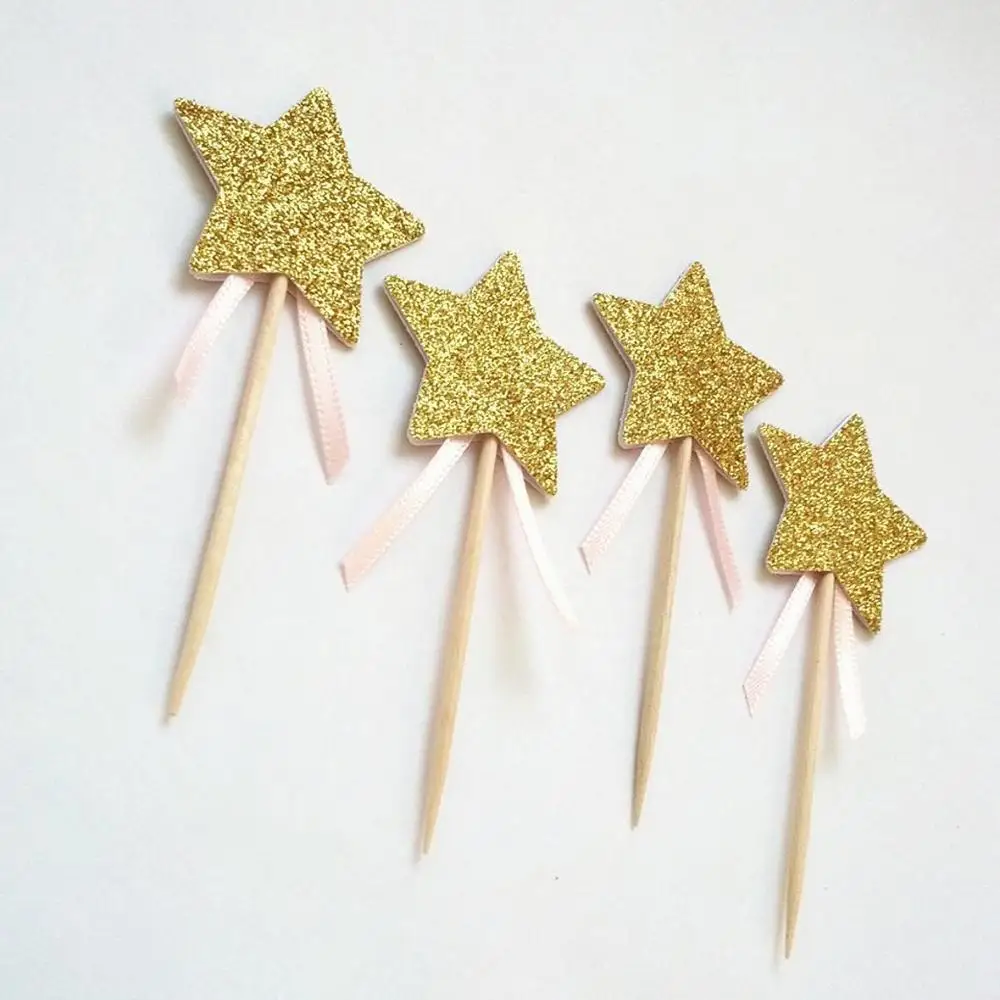 12Pcs Gold Star Fairy Wand Cupcake Topper - Gold Glitter Cupcake Star - Double Face-Golden Birthday Princess Party Cake Picks