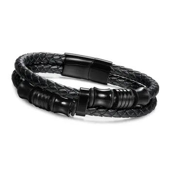

Angemiel Sentinus Leather Black Titanium Beads Bracelet