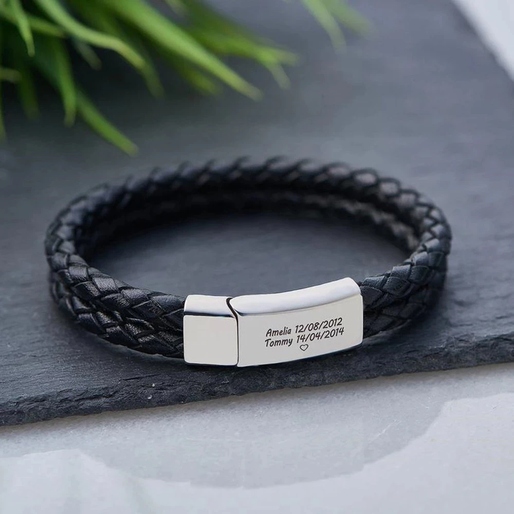 

VIP custom link Mens Leather Bracelets Custom Engraved Text Name Date Heart Strong Magnetic Clasps Bracelet